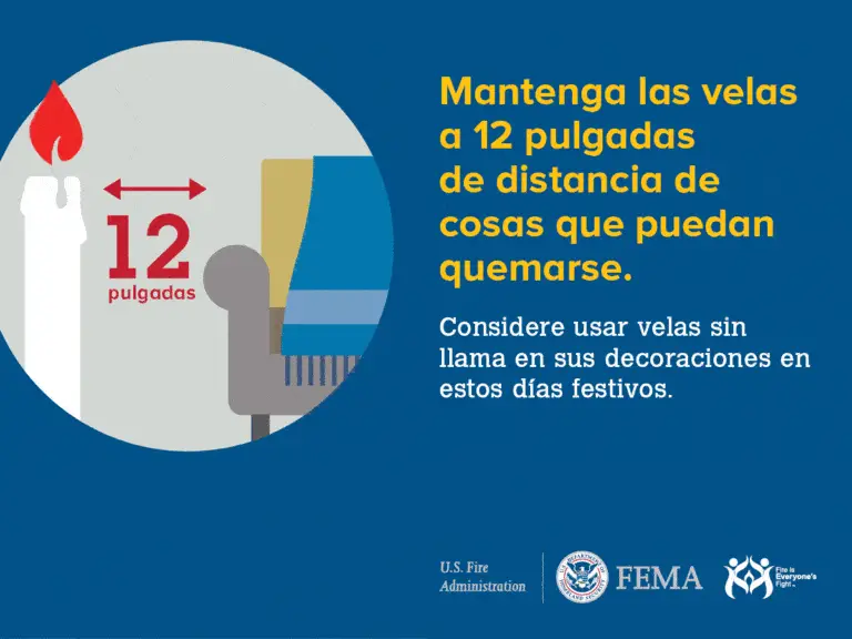 Illustration showing a lit candle 12 inches away from a flammable object. Text in Spanish advises to keep candles 12 inches from anything that can burn and suggests using flameless candles for festive decorations. FEMA and USFA logos.