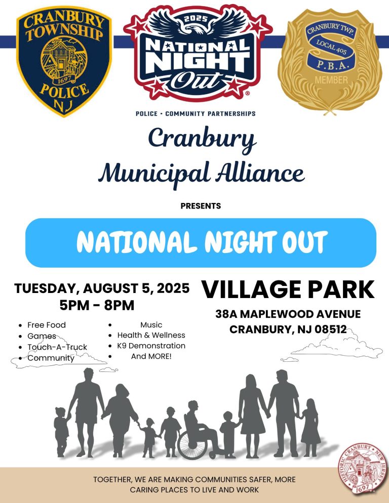 Flyer for Cranbury’s National Night Out on August 5, 2025, 5–8pm at Village Park, with police, fire, K9 demo, food, games, live music, and more. Includes police and PBA logos and silhouettes of families.
