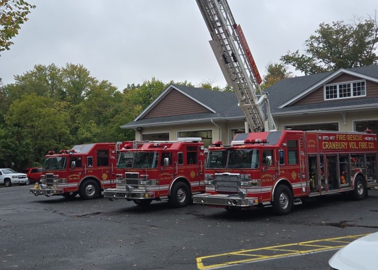 Four red fire trucks are parked outside a building, with one truck's tall ladder extended upward. The ground has yellow "FIRE" and "FIGHT" markings. Trees and cloudy sky are visible in the background.
