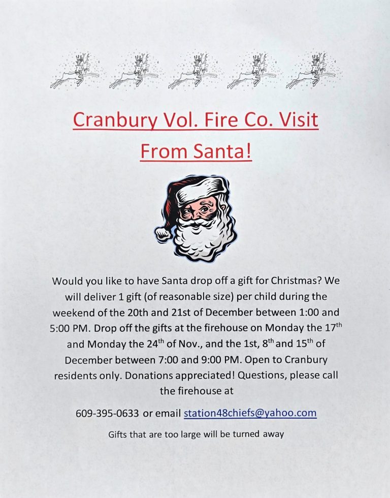 Flyer with Santa's face in the center and sleighs at the top, advertising the Cranbury Volunteer Fire Co. Santa gift drop-off event, with details on dates, times, contact info, and a note about gift size.