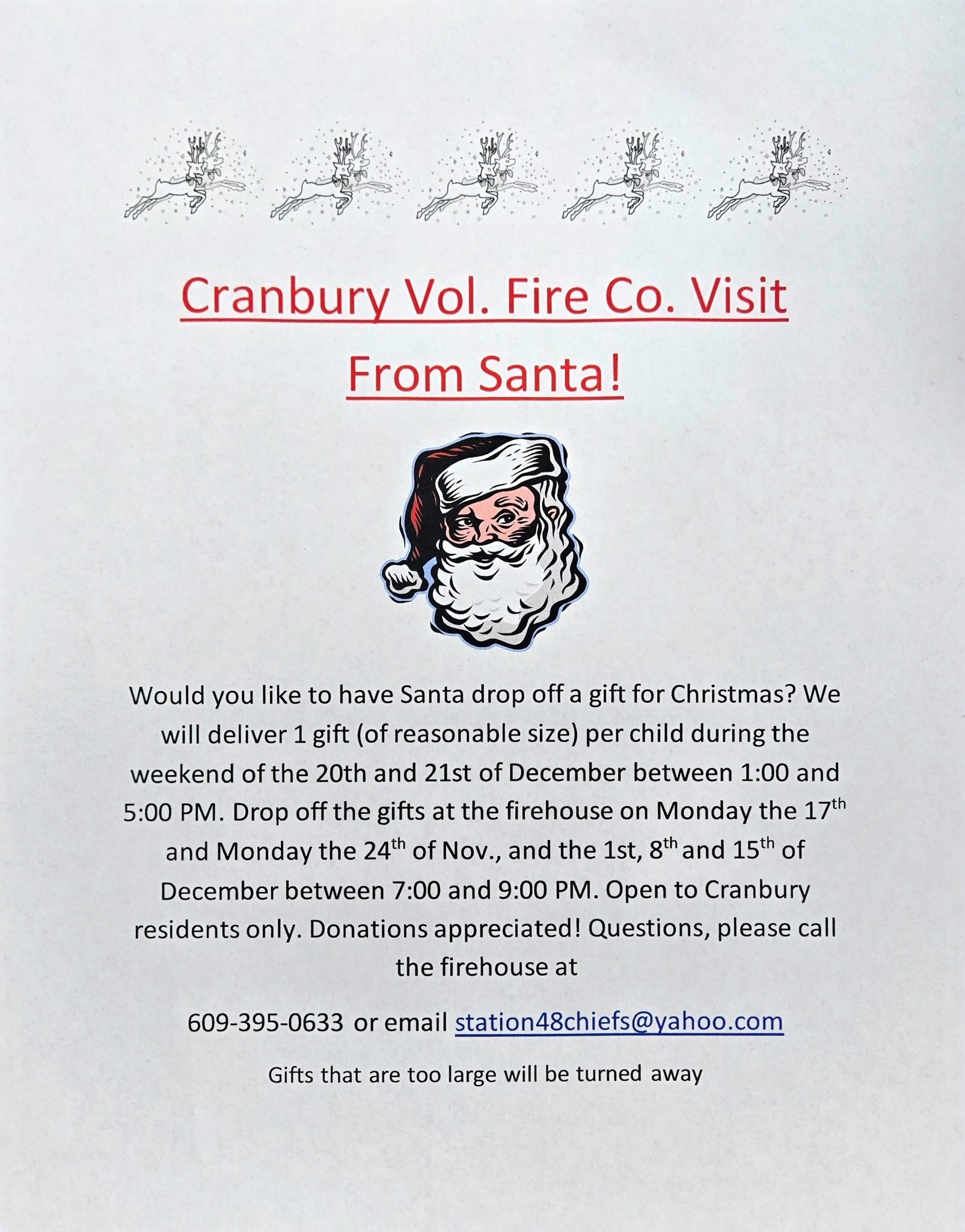 Flyer with Santa's face in the center and sleighs at the top, advertising the Cranbury Volunteer Fire Co. Santa gift drop-off event, with details on dates, times, contact info, and a note about gift size.